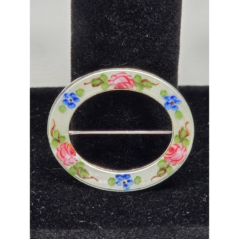 La Mode Sterling Silver Enamel Vintage Flower Blossom Wreath Brooch Oval Pin 925